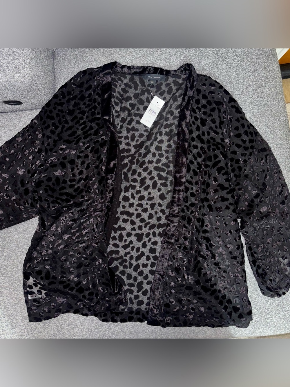 Ann Taylor Black Velvet Leopard Sheer Kimono Jacket